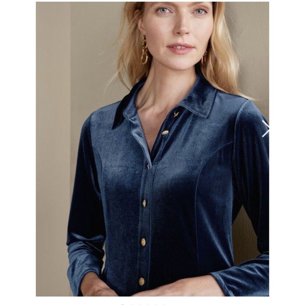SOFT SURROUNDINGS Enchanted Velvet Shirt Navy Women's M Buttoned Blouse Nwt